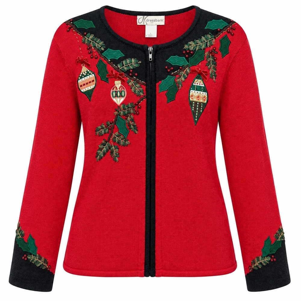 Vintage Coquette Twee Zip Cardigan Womens Large Holiday Festive Grandmacore